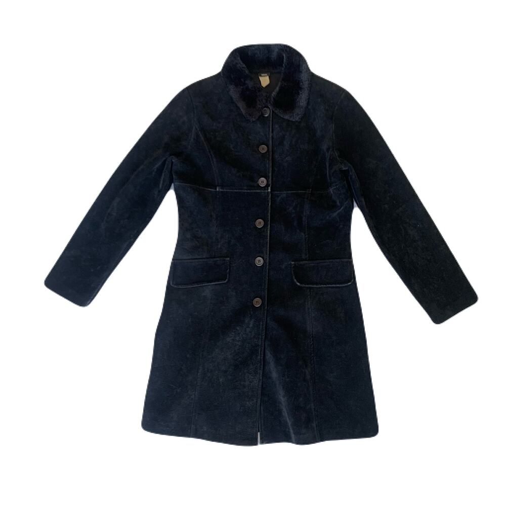 Y2K Black Faux fur trim faux suede Minimalist Gothic pixie button down coat